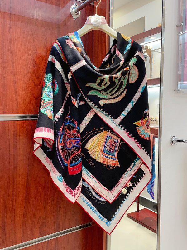 Chevaloscope Scarf 140 CM In Black Colorful Cashmere And Silk 373661