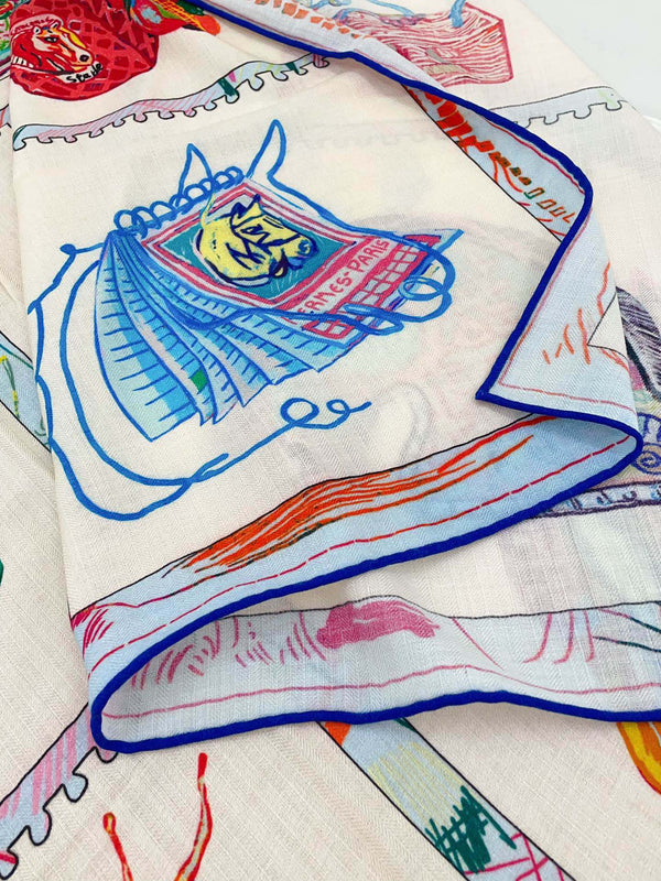 Chevaloscope Scarf 140 CM In Light Blue Colorful Cashmere And Silk 373662