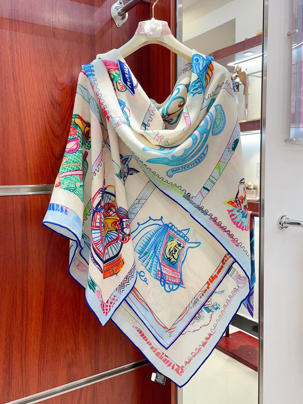 Chevaloscope Scarf 140 CM In Light Blue Colorful Cashmere And Silk 373662