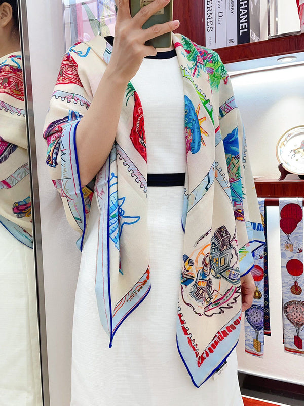 Chevaloscope Scarf 140 CM In Light Blue Colorful Cashmere And Silk 373662