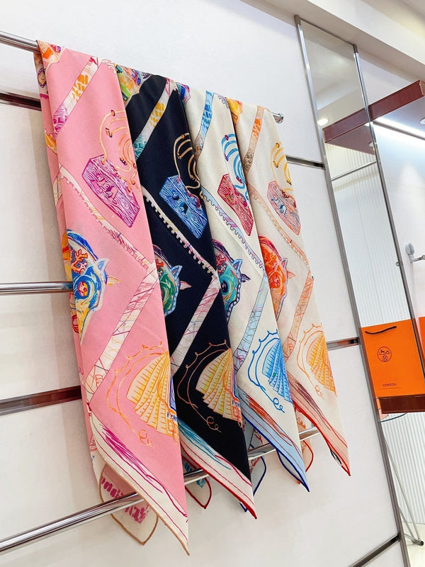 Chevaloscope Scarf 140 CM In Light Blue Colorful Cashmere And Silk 373662