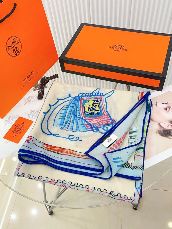 Chevaloscope Scarf 140 CM In Light Blue Colorful Cashmere And Silk 373662