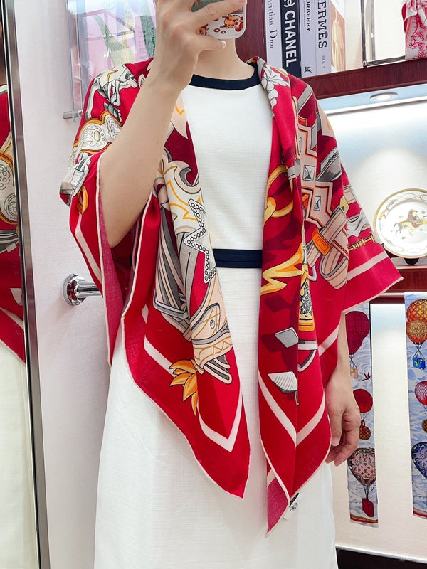 Brides Et Destin Scarf 140 CM In Red Colorful Cashmere Silk 375372