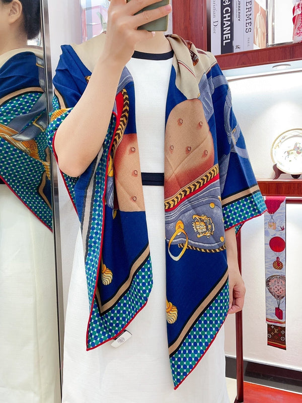 Silk Carrick a Pompe Scarf 140 CM In Dark Blue Colorful Cashmere And Silk 381156