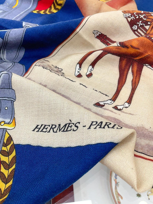 Silk Carrick a Pompe Scarf 140 CM In Dark Blue Colorful Cashmere And Silk 381156