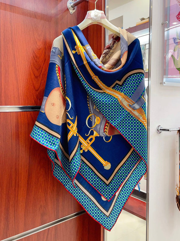 Silk Carrick a Pompe Scarf 140 CM In Dark Blue Colorful Cashmere And Silk 381156