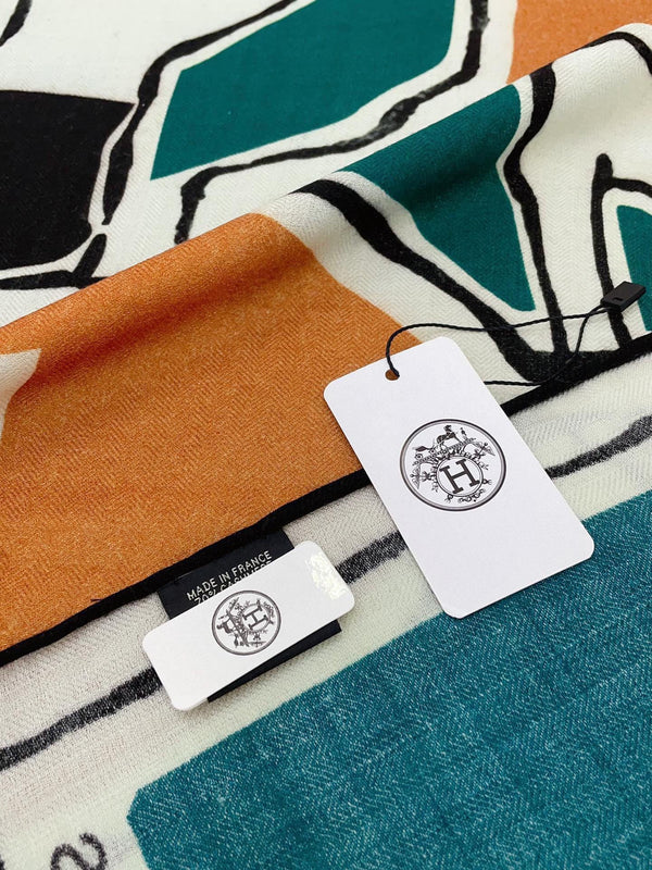 Choregraphie Equestre Scarf 140 CM Teal Blue Colorful Cashmere And Silk 393171