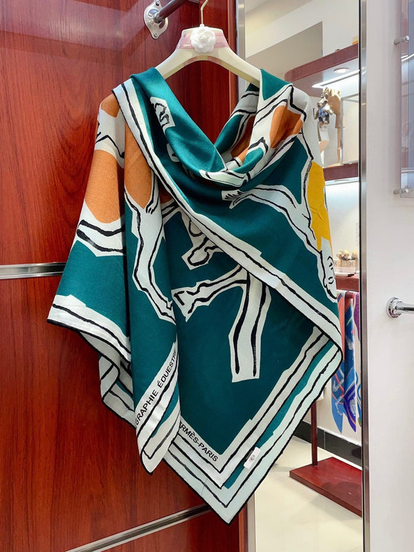 Choregraphie Equestre Scarf 140 CM Teal Blue Colorful Cashmere And Silk 393171