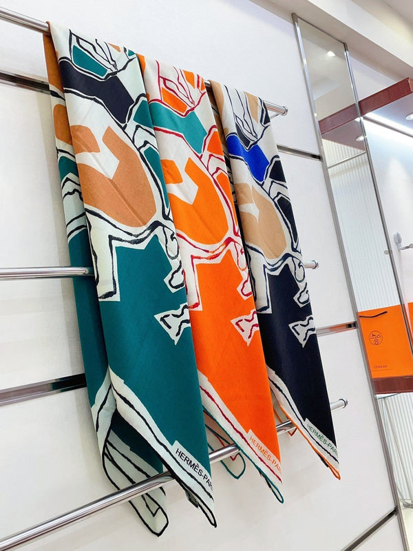 Choregraphie Equestre Scarf 140 CM Teal Blue Colorful Cashmere And Silk 393171