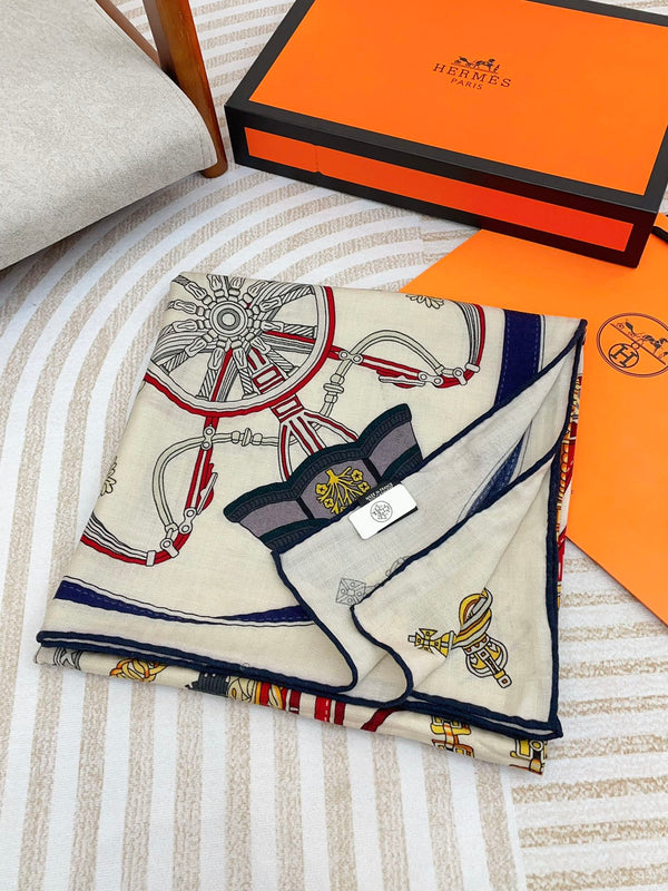 Stately Wheels Scarf 140 CM White Colorful Cashmere And Silk  394588