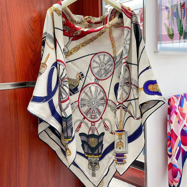 Stately Wheels Scarf 140 CM White Colorful Cashmere And Silk  394588