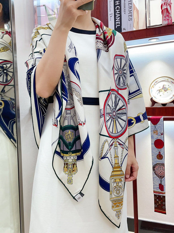 Stately Wheels Scarf 140 CM White Colorful Cashmere And Silk  394588