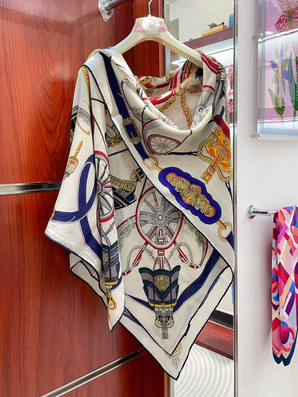 Stately Wheels Scarf 140 CM White Colorful Cashmere And Silk  394588