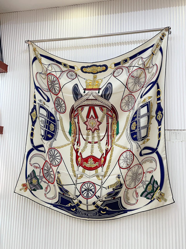 Stately Wheels Scarf 140 CM White Colorful Cashmere And Silk  394588