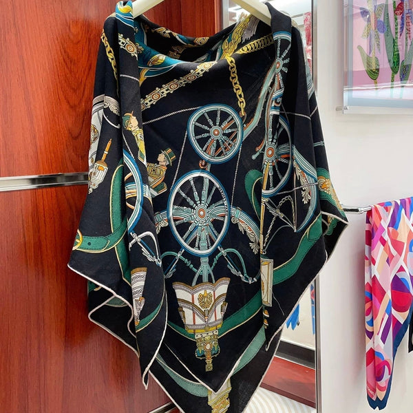 Stately Wheels Scarf 140 CM Black Colorful Cashmere And Silk 394589