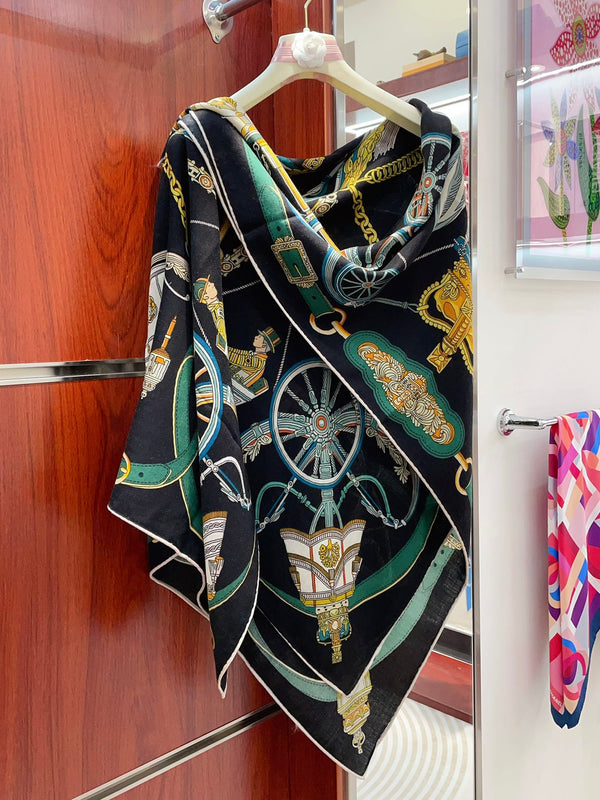 Stately Wheels Scarf 140 CM Black Colorful Cashmere And Silk 394589