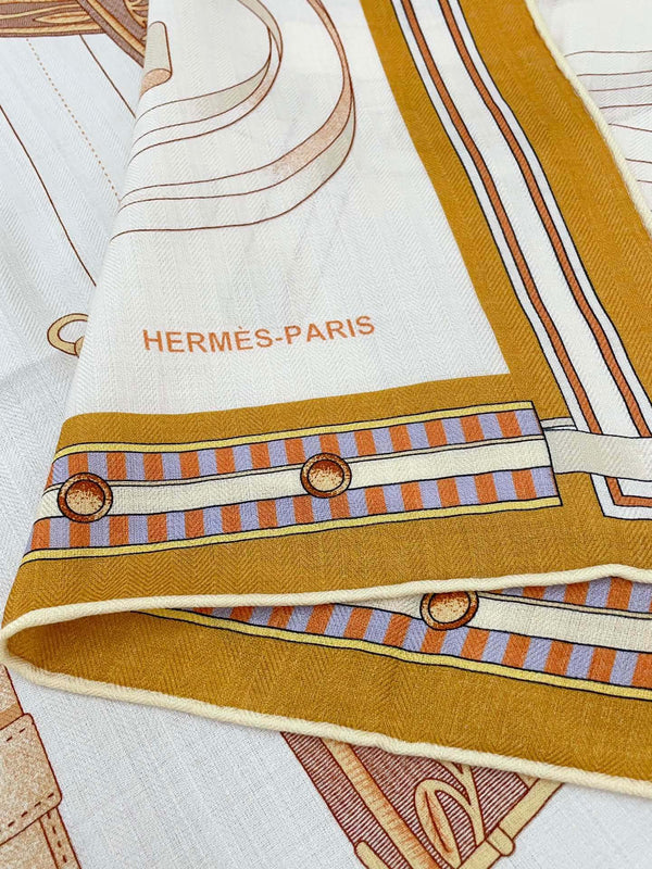 Lettres Equestres Shawl 140 CM White Colorful Cashmere And Silk 398259