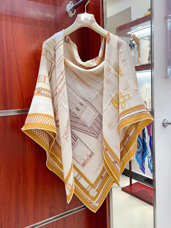 Lettres Equestres Shawl 140 CM White Colorful Cashmere And Silk 398259