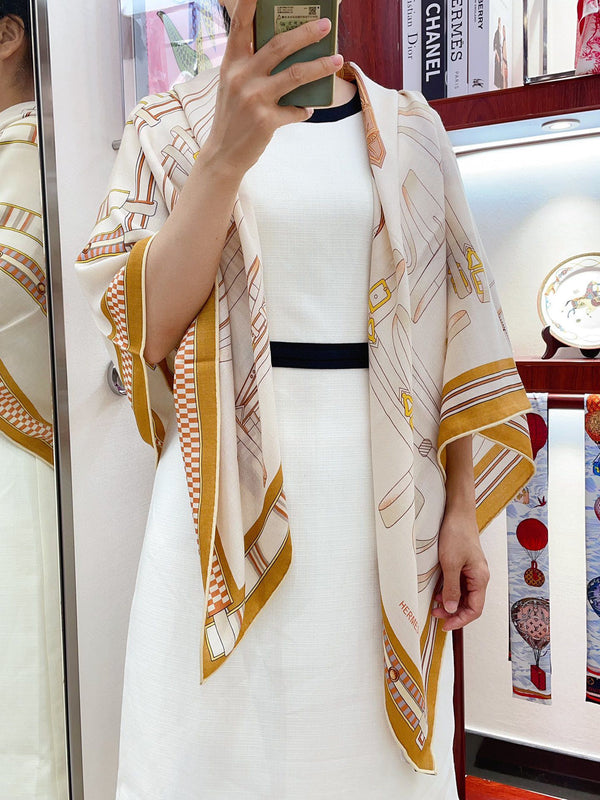 Lettres Equestres Shawl 140 CM White Colorful Cashmere And Silk 398259