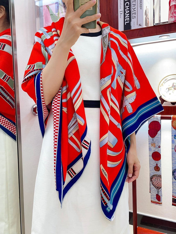 Lettres Equestres Shawl 140 CM Red Colorful Cashmere And Silk 398260