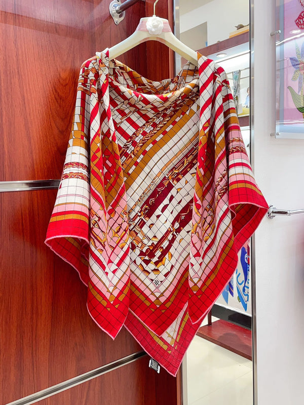 Coaching Deja-Vu Shawl 140 CM Red Colorful Cashmere And Silk 398261