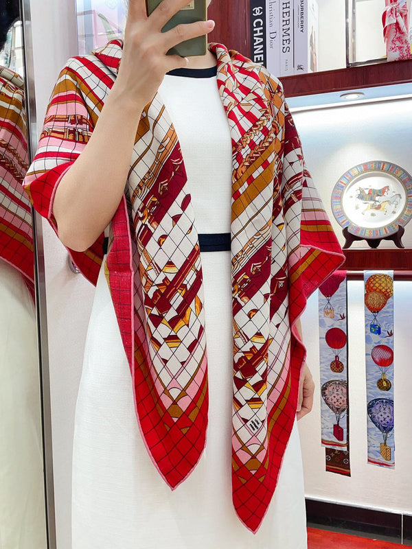 Coaching Deja-Vu Shawl 140 CM Red Colorful Cashmere And Silk 398261