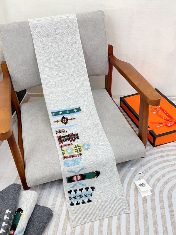 Scarf 120 CM In White Grey Hand Woven Cashmere 401166