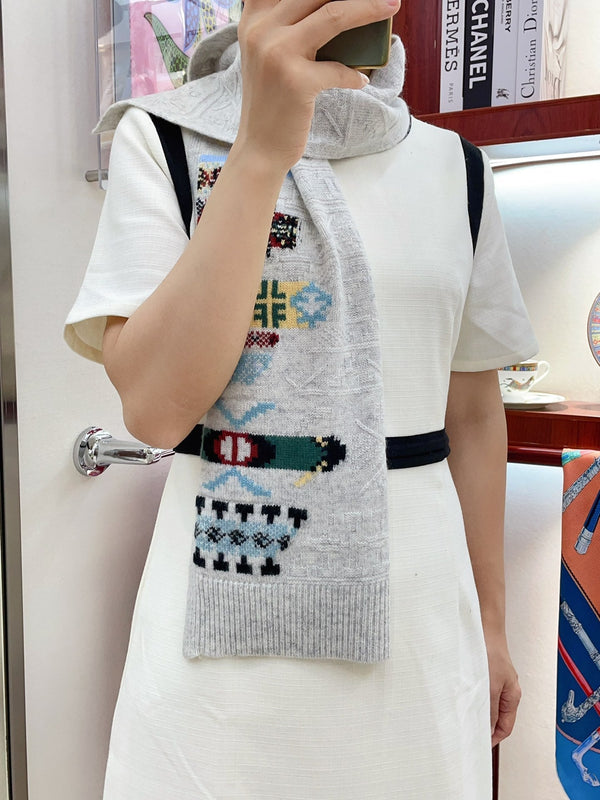 Scarf 120 CM In White Grey Hand Woven Cashmere 401166