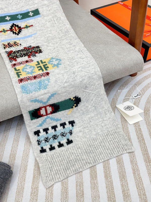 Scarf 120 CM In White Grey Hand Woven Cashmere 401166