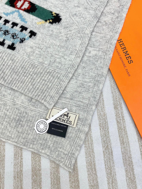 Scarf 120 CM In White Grey Hand Woven Cashmere 401166