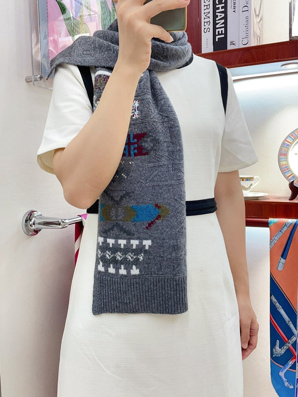 Scarf 120 CM In Grey Black Hand Woven Cashmere 401167