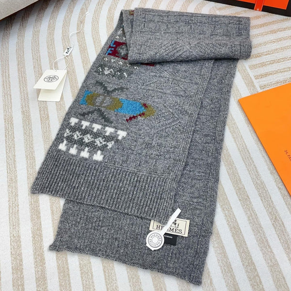 Scarf 120 CM In Grey Black Hand Woven Cashmere 401167