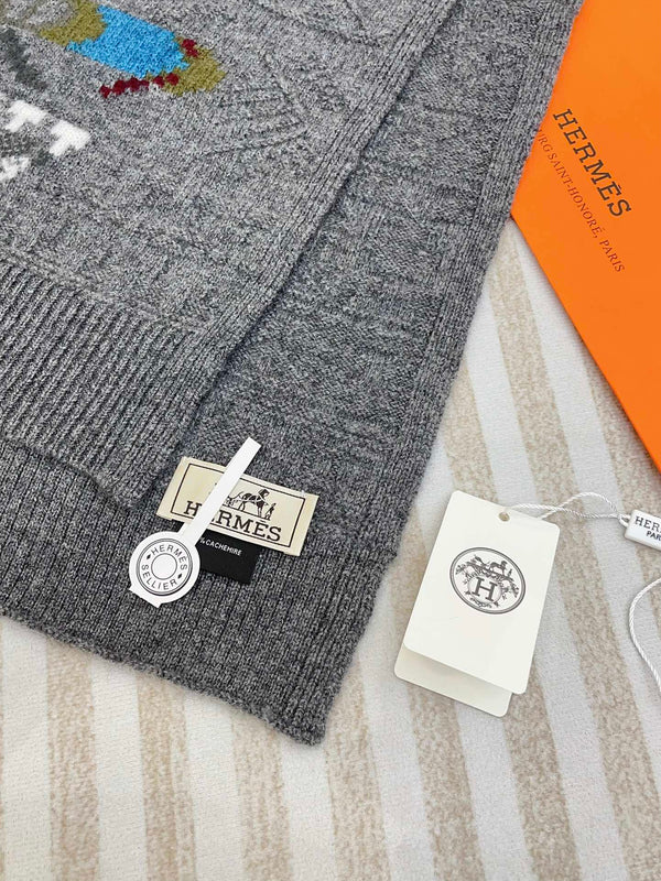 Scarf 120 CM In Grey Black Hand Woven Cashmere 401167