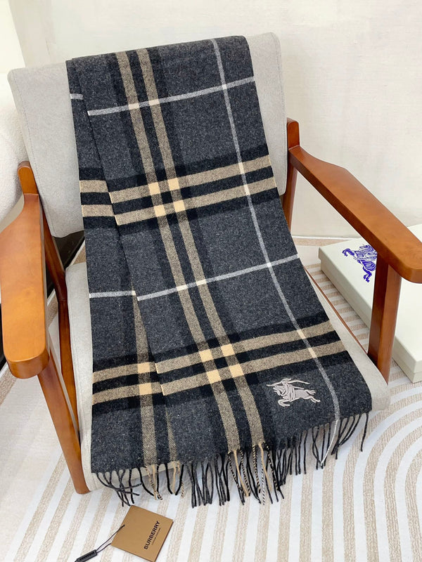 CLASSIC WOOL CHECK SCARF 180 CM DARK GRAY MIX CAMEL BROWN 402098
