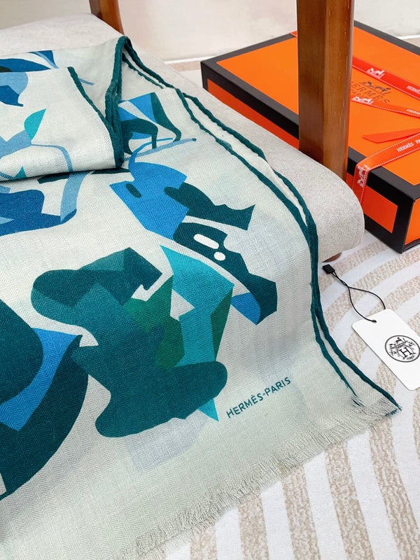 Scarf 180 CM Blue Green Colorful Mashmere And Silk 403886