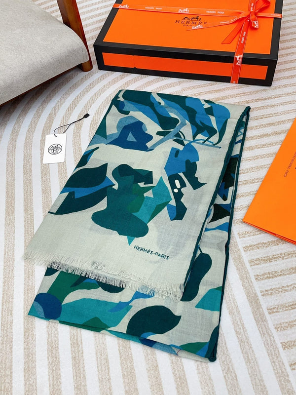 Scarf 180 CM Blue Green Colorful Mashmere And Silk 403886