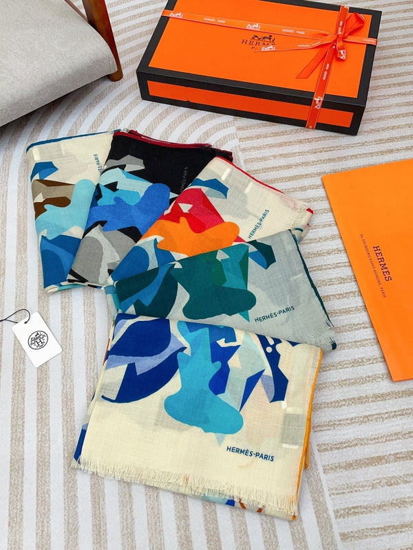 Scarf 180 CM Blue Green Colorful Mashmere And Silk 403886