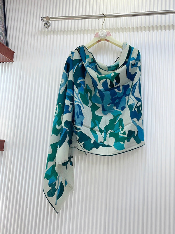 Scarf 180 CM Blue Green Colorful Mashmere And Silk 403886