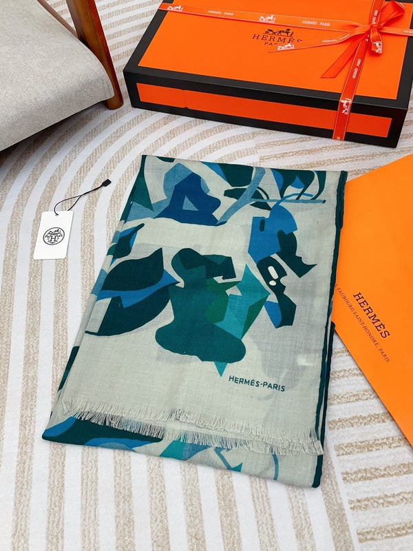 Scarf 180 CM Blue Green Colorful Mashmere And Silk 403886