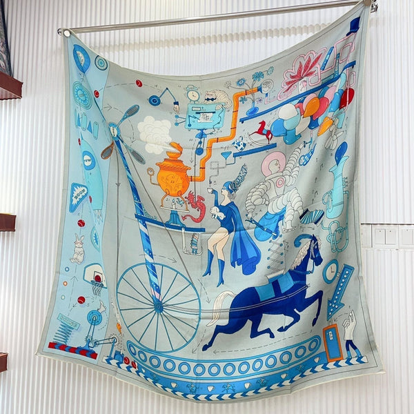 Tea For Two Scarf 140 CM Light Blue Colorful Cashmere And Silk 403890