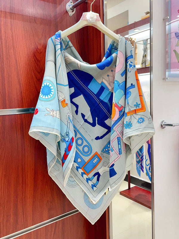 Tea For Two Scarf 140 CM Light Blue Colorful Cashmere And Silk 403890