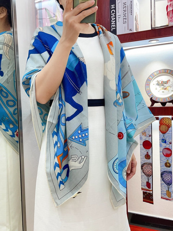 Tea For Two Scarf 140 CM Light Blue Colorful Cashmere And Silk 403890