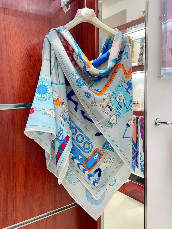 Tea For Two Scarf 140 CM Light Blue Colorful Cashmere And Silk 403890