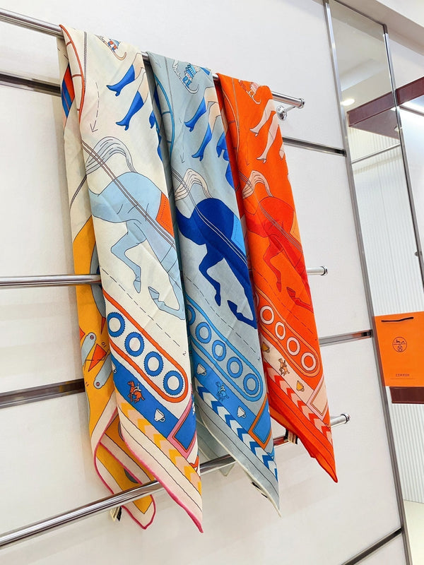 Tea For Two Scarf 140 CM Light Blue Colorful Cashmere And Silk 403890