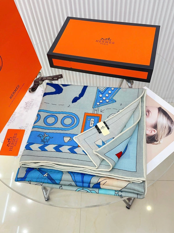 Tea For Two Scarf 140 CM Light Blue Colorful Cashmere And Silk 403890