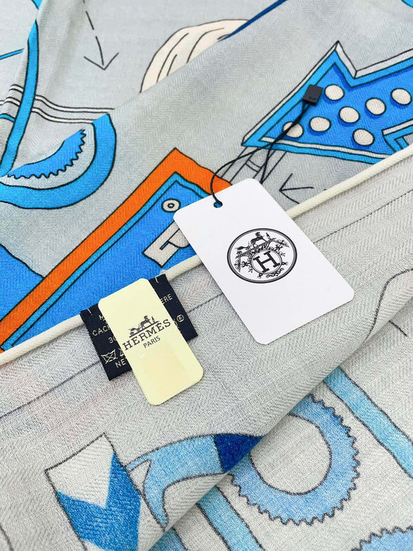 Tea For Two Scarf 140 CM Light Blue Colorful Cashmere And Silk 403890