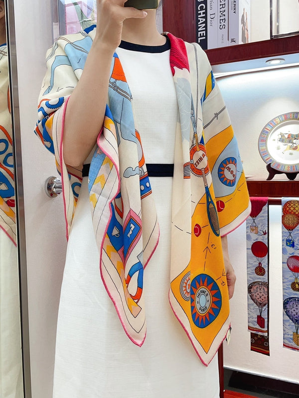 Tea For Two Scarf 140 CM Yellow Colorful Cashmere And Silk 403891