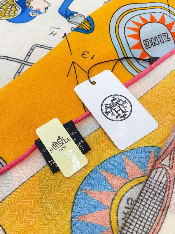 Tea For Two Scarf 140 CM Yellow Colorful Cashmere And Silk 403891