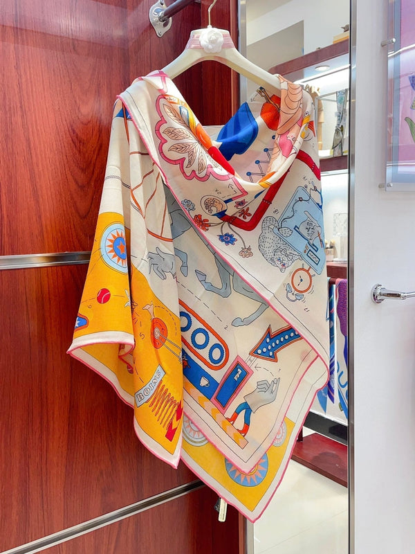 Tea For Two Scarf 140 CM Yellow Colorful Cashmere And Silk 403891