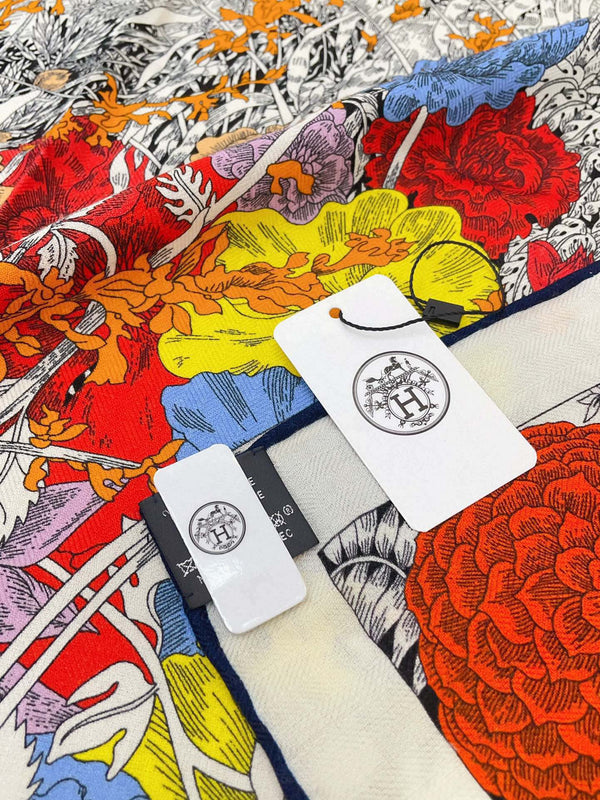 Square Scarf 140CM In Grey White Colorful Cashmere And Silk